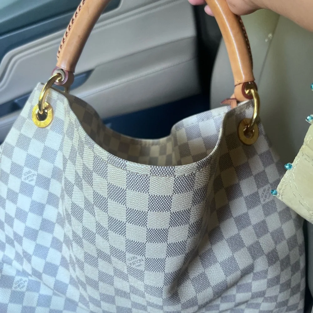 Louis Vuitton Cream Checkered Shoulder Tote with Tan Leather Handle